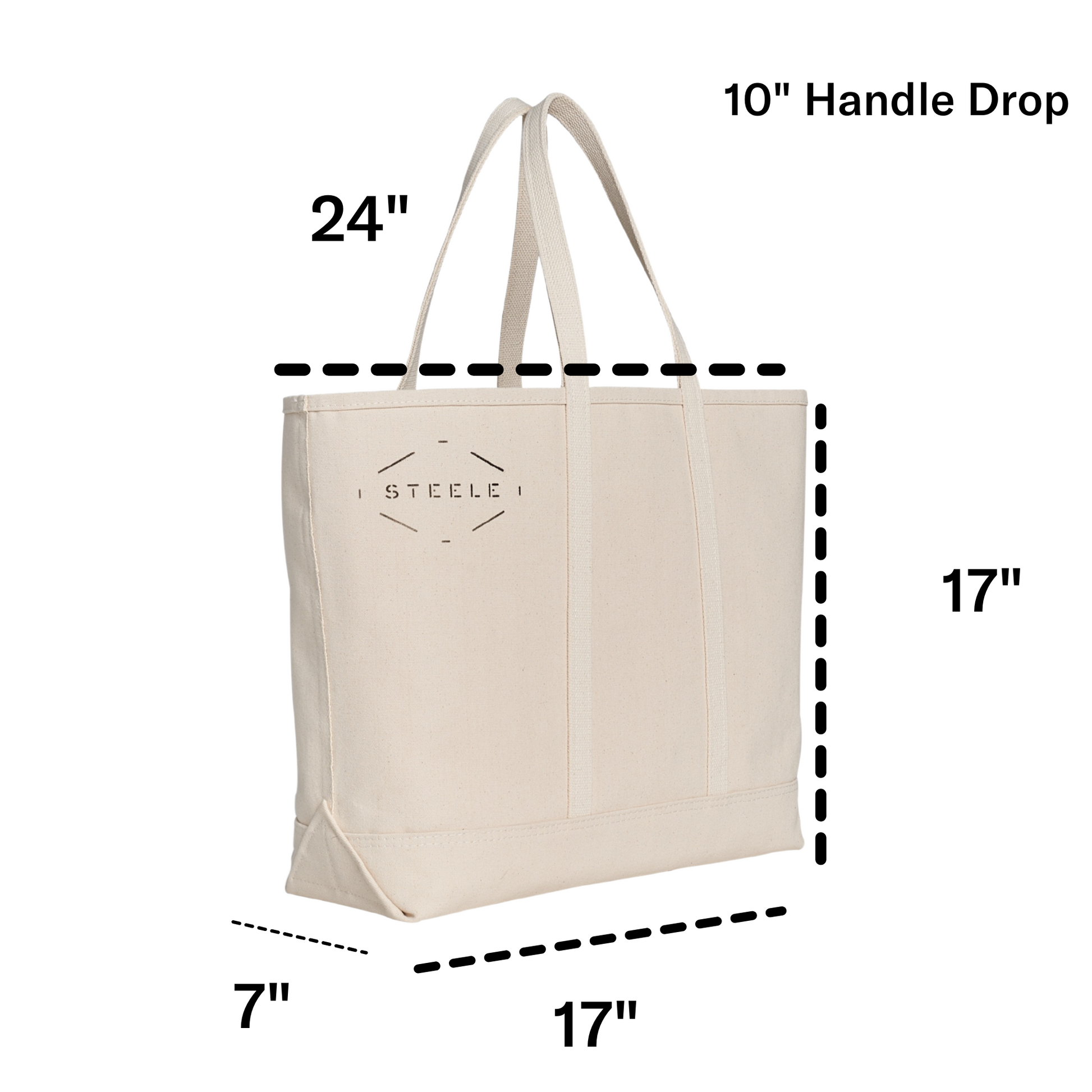 Beige tote bag with dimensions labeled on a white background