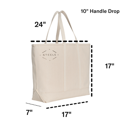 Beige tote bag with dimensions labeled on a white background