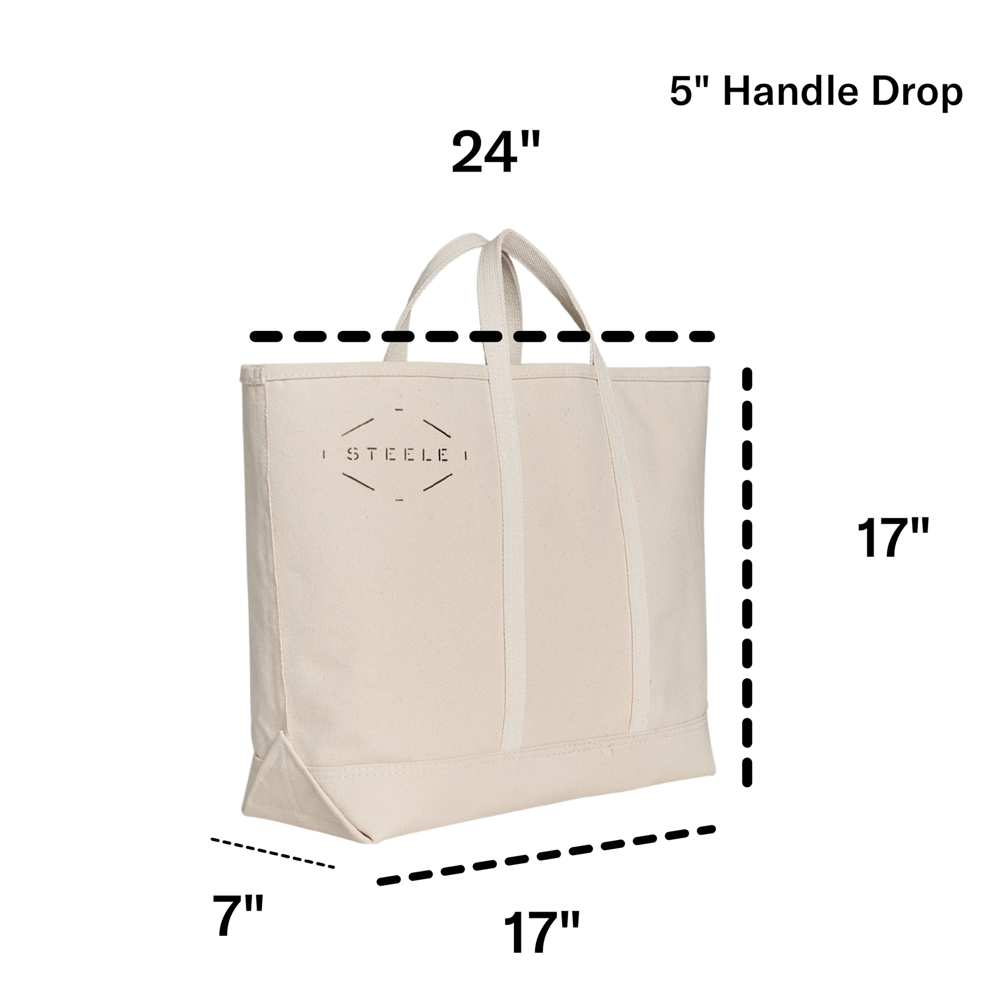 Beige tote bag with dimensions labeled on a white background