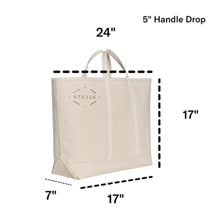 Beige tote bag with dimensions labeled on a white background
