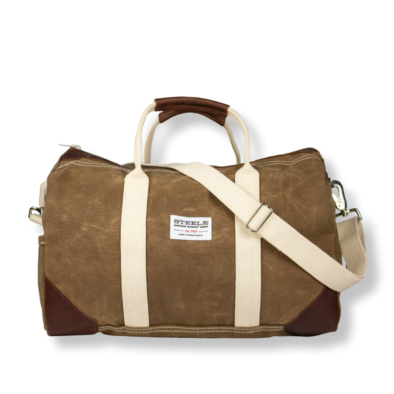 Brown duffel bag with white straps on a white background